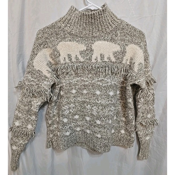 Loft Women's Gray & White Pullover Sweater W/Polar Bears Size XS Fringe Accents - Picture 1 of 16
